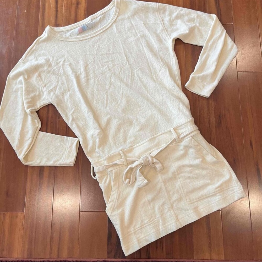 Free People FP Beach Cream Sweatshirt Lounge Dress Ribbed Drawstring Size XS - Picture 1 of 10